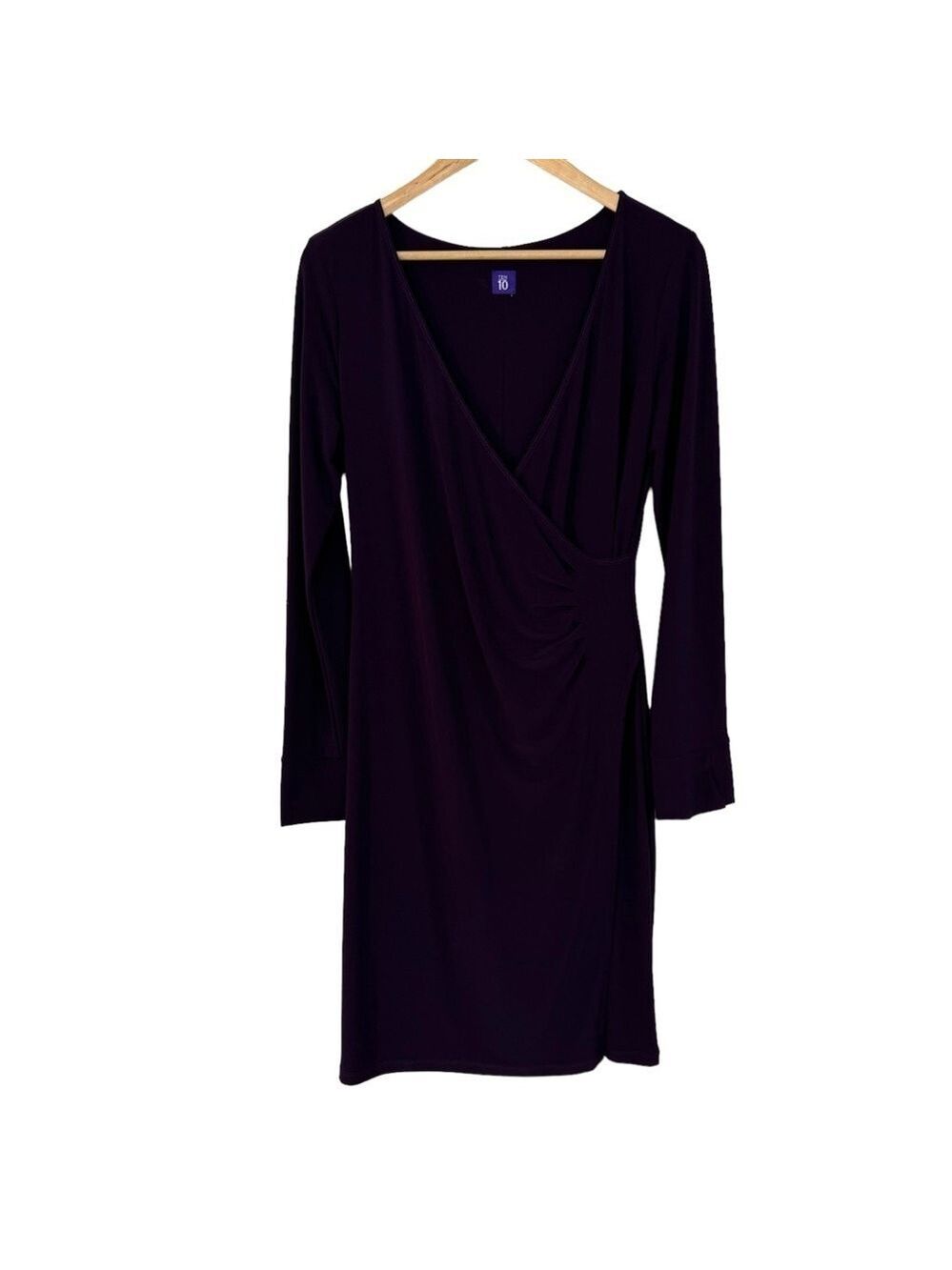 Long Sleeve Wrap Cocktail Dress Womens L Dark Purple Stretch Defined Waist EUC!
